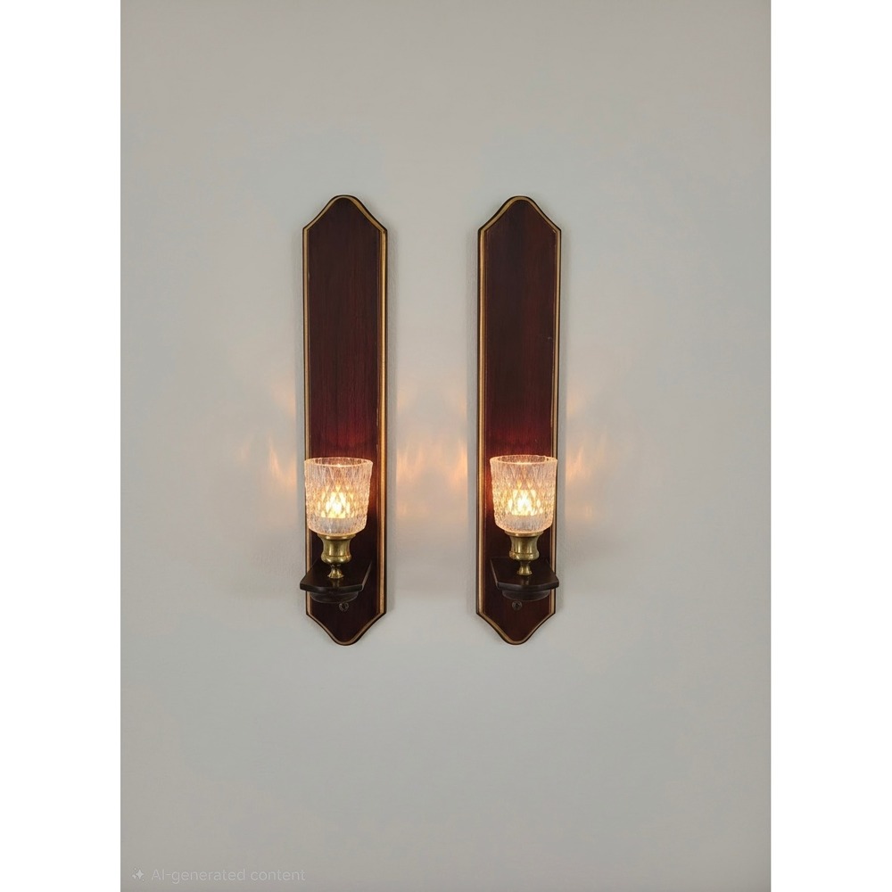 Vintage Wood and Brass Wall Sconces with Diamond Cut Glass Shades Pair